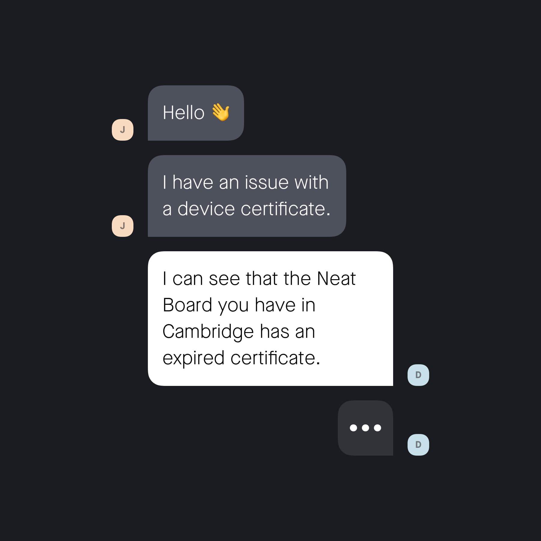 A chat widget with a conversation between a customer and a Neat support agent.